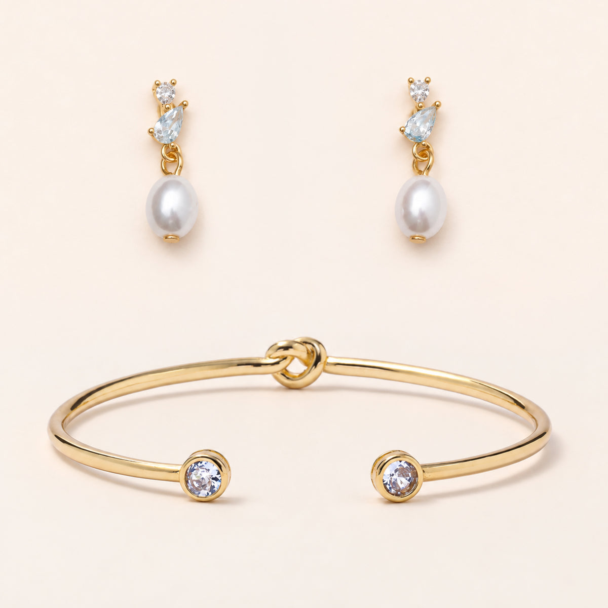 Knot Bangle & Dainty Pearl Drop Earrings Set