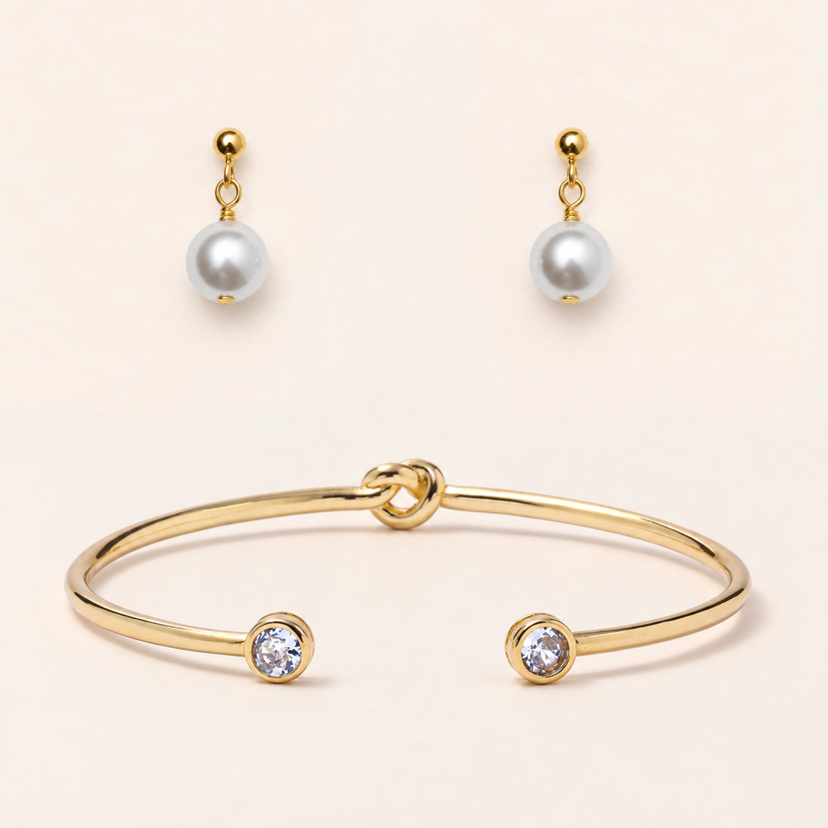 Knot Bangle & Classic Pearl Drop Earrings Set