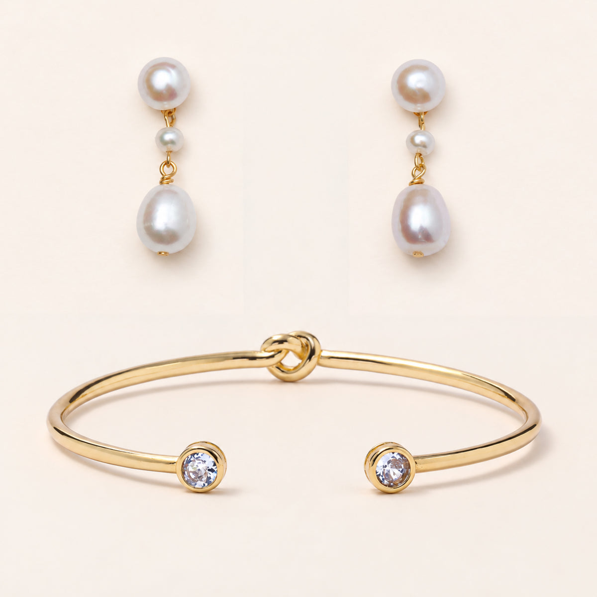 Knot Bangle & Double Pearl Drop Earrings Set